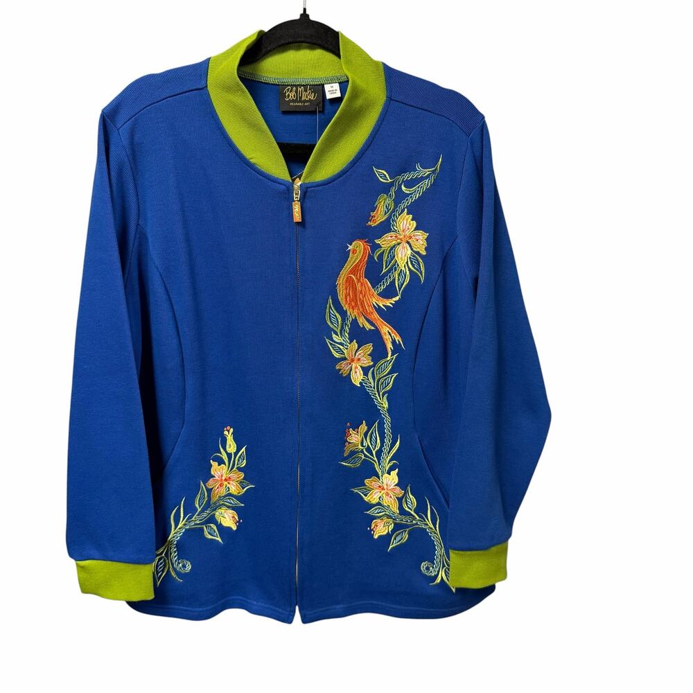NWT Bob Mackie Wearable Art Blue Knit Floral Bird Embroidered Zip Up Jacket 1X